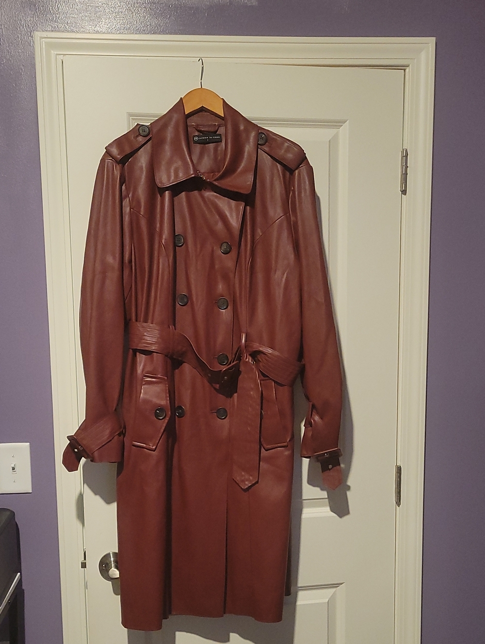 Fashion to Figure Double-Breasted Faux Leather Trench Coat - Burgundy